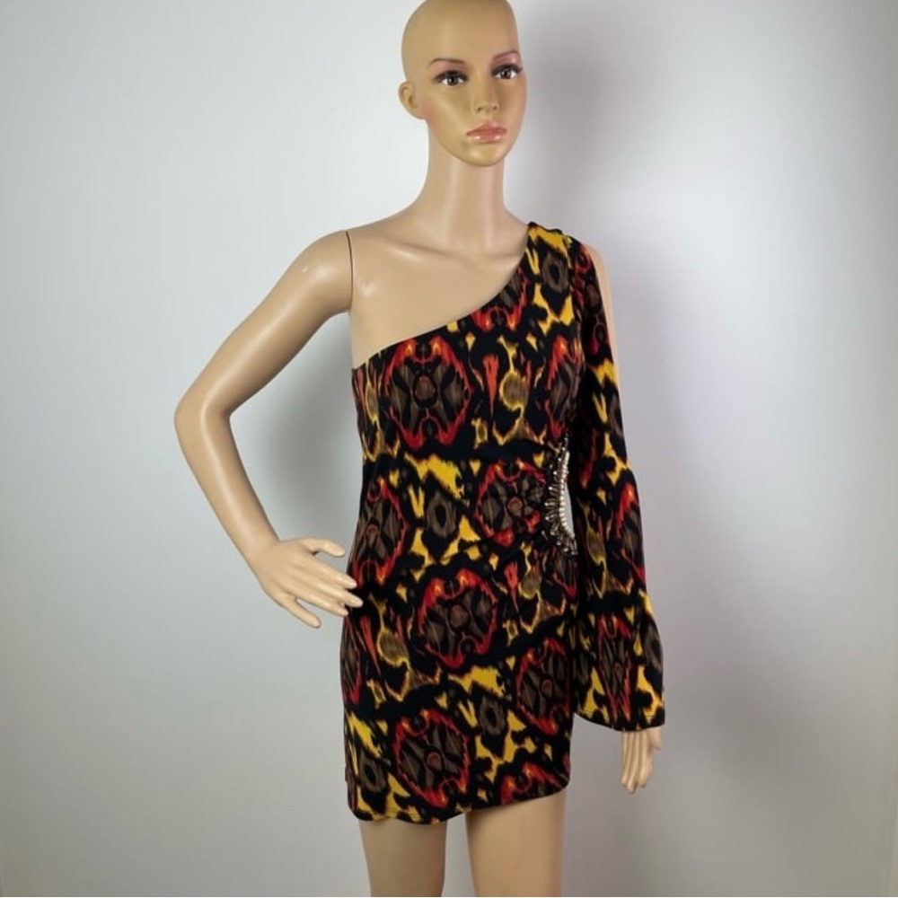 Vintage Multicolor One Shoulder Beaded Asymmetrical Mini Bodycon Dress